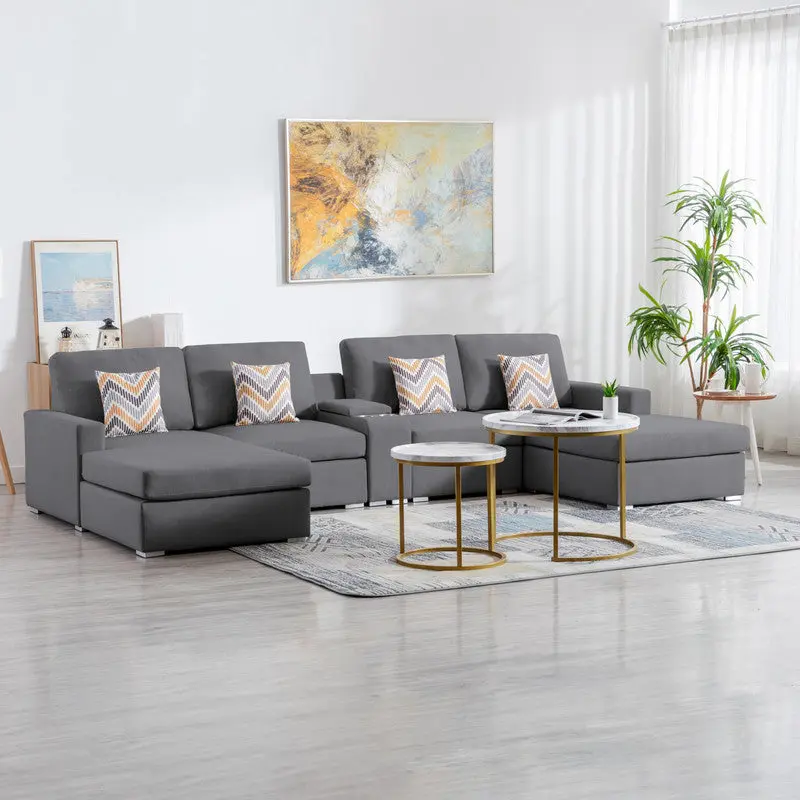 Nolan 135 Inch Gray Linen Fabric 5 Piece Double Chaise Sectional Sofa Interchangeable Sections lilola home