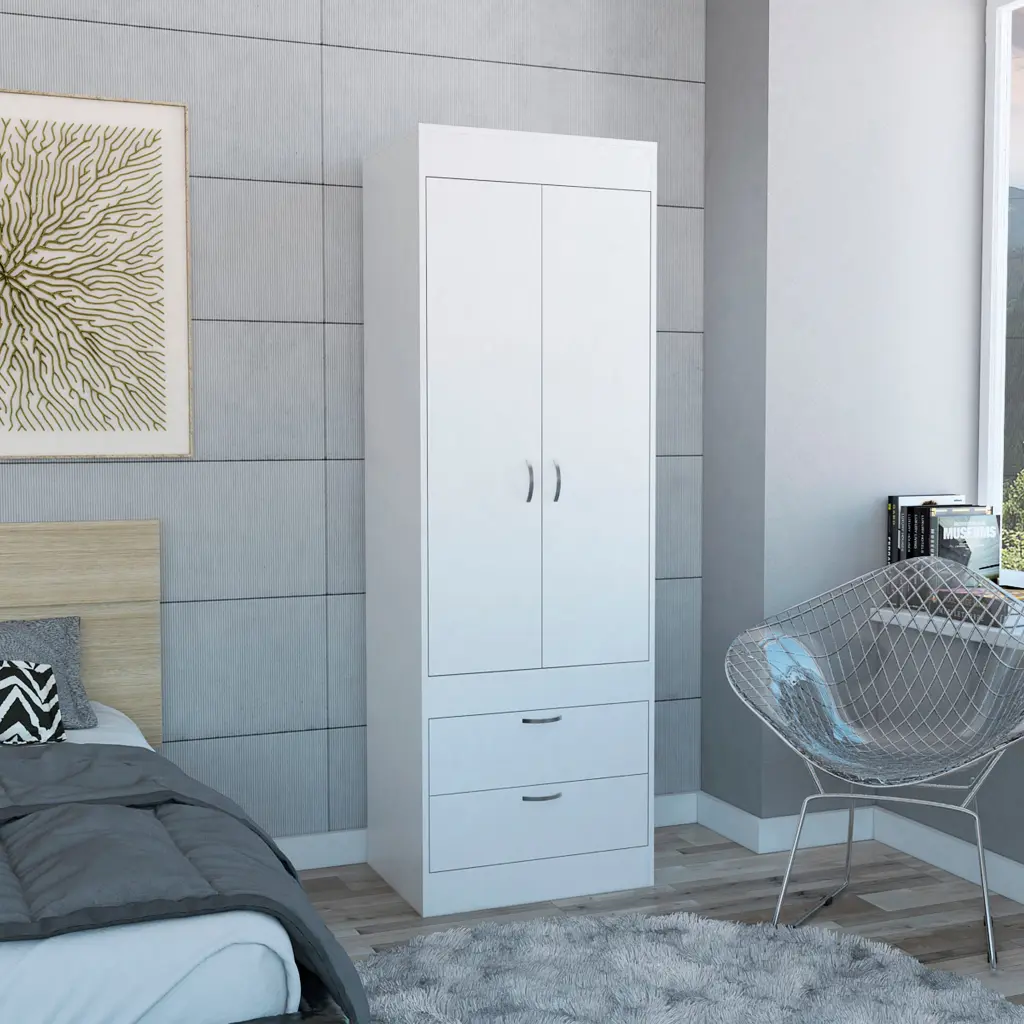 Lisboa White Armoire Rod Double Doors Two Drawers and Metallic Handles rta mubles colombia