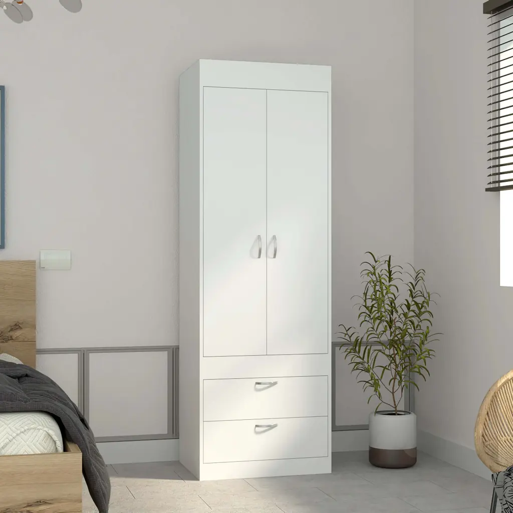 Armoire 70H Double Door Cabinet Two Drawers Metallic Handles White rta mubles colombia