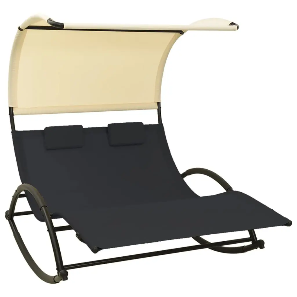 Double Sun Lounger Canopy Textilene Black and Cream Outdoor Relaxation