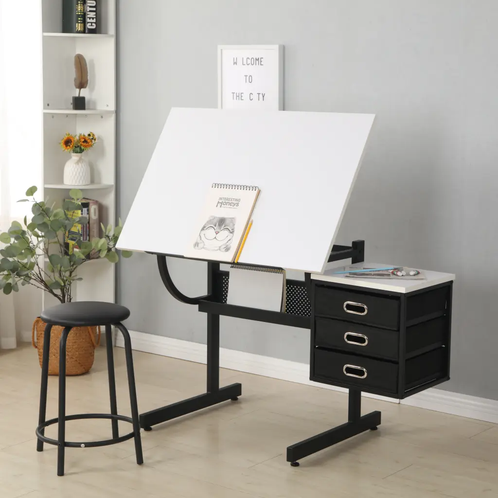White Customizable Drafting Drawing Table Stool And 3 Drawers rnb