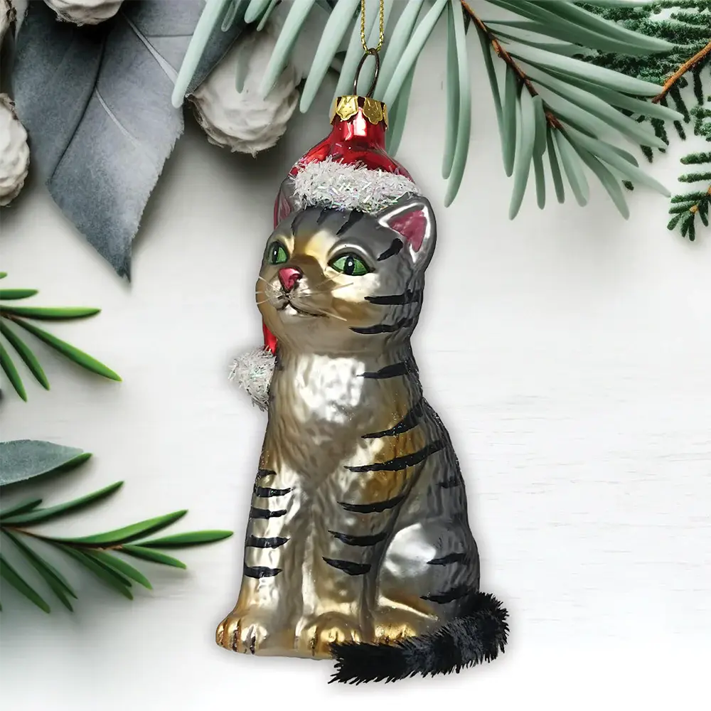 Tabby Cat Santa Hat Glass Christmas Ornament