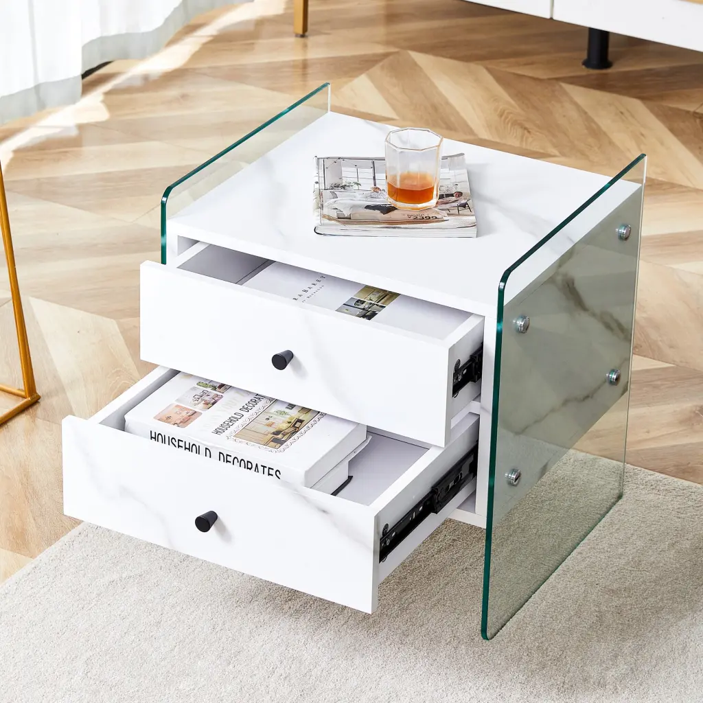 Double Drawer Bedside Table MDF Sticker Surface - Modern Nightstand droom w-1151