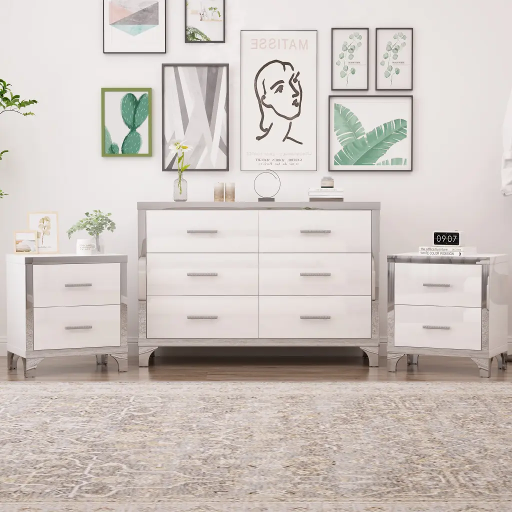 3 Piece Dresser and Two Nightstands Set Metallic Handles and Mirror homey life