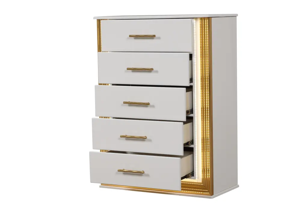 Contemporary Style 5 Drawer Chest Timber and Precious Metal Finish White Dresser galaxy home furnishings