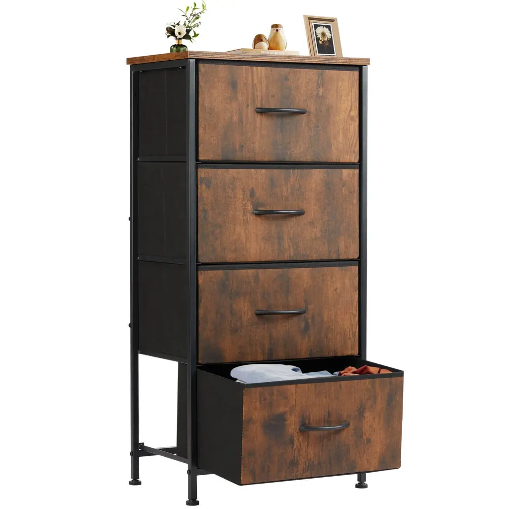 Brown Chest Drawers Metal Frame and Wood Top 4BC Bedroom Organization w2201