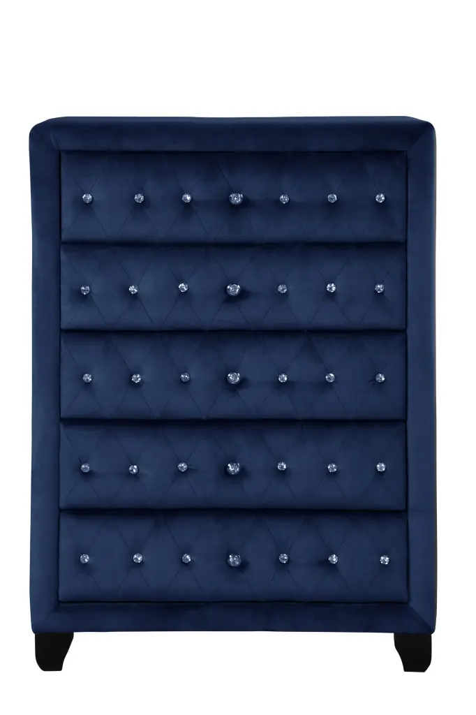 Sophia Modern Style Crystal Tufted Upholstery 5 Drawer Chest Finished Dresser Bedroom galaxy home furnishings
