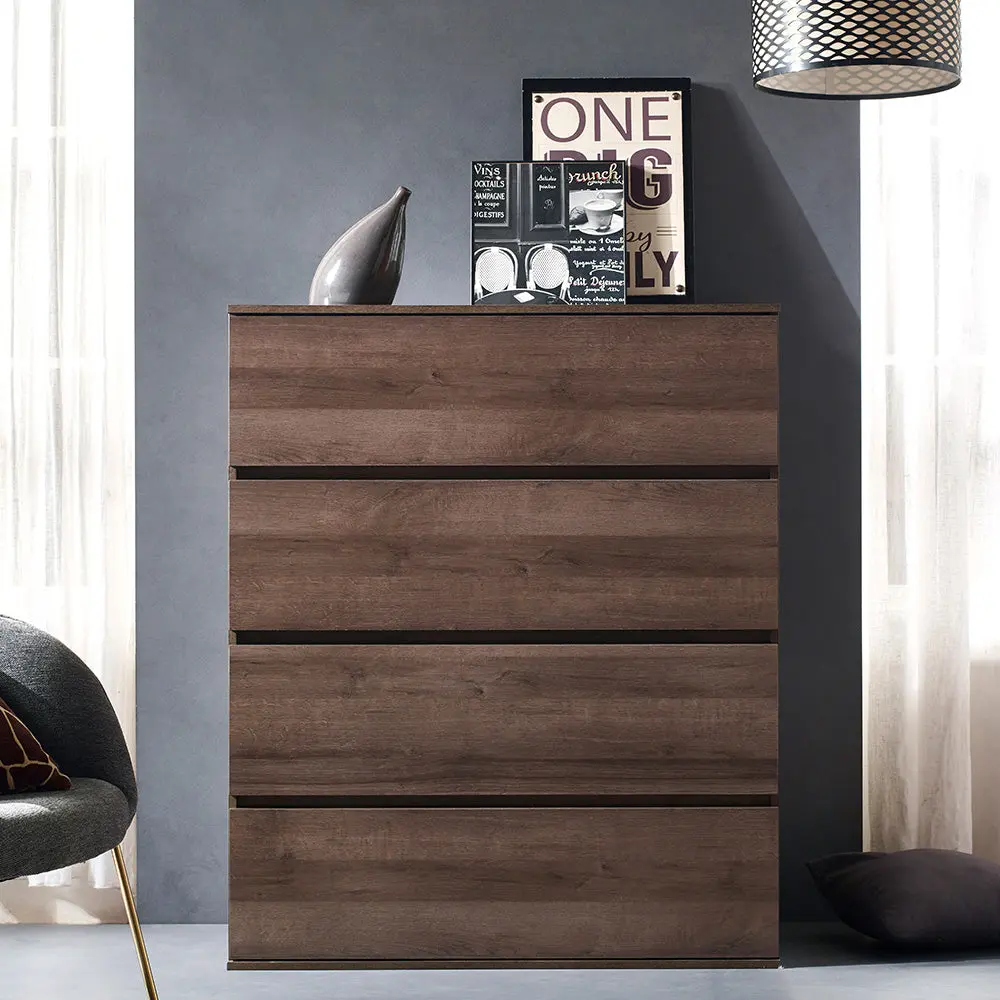 Liv Four Drawer Contemporary Timber Chest Walnut Brown MDF Melamine Finish klair living