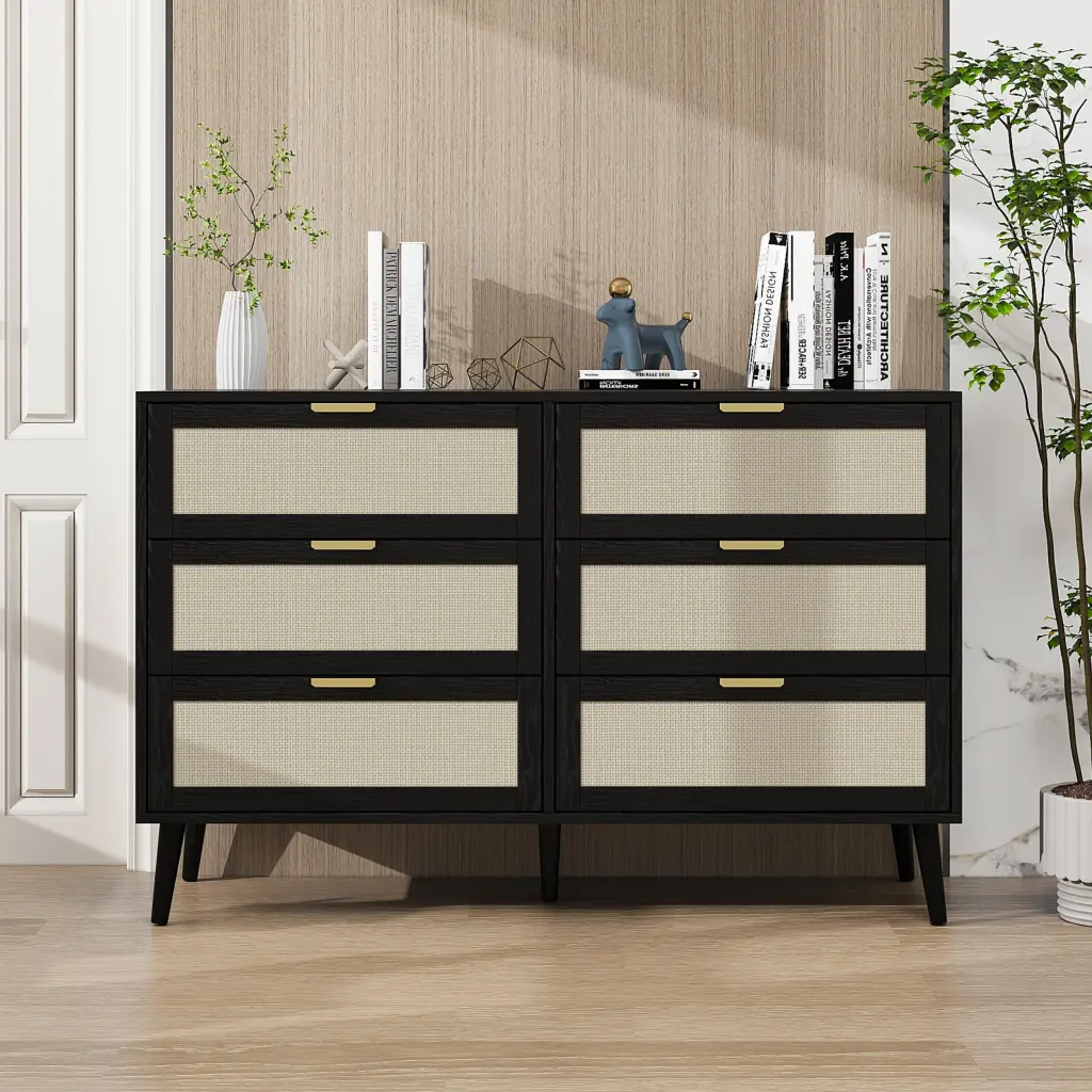 Modern 6 Drawer Wood Cabinet Black Particle Board Wardrobe milestone homelife