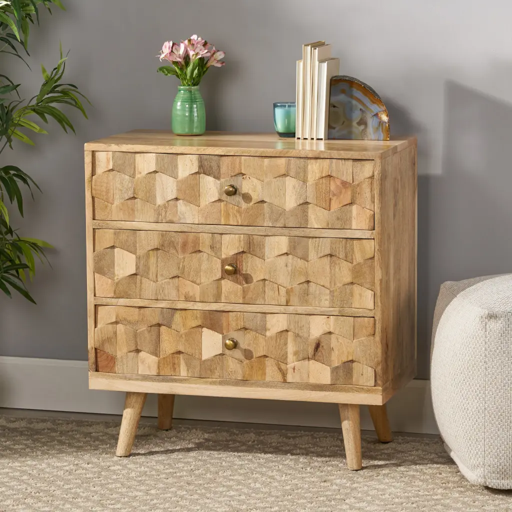 Mid Century Modern 3 Drawer Chest Natural Mango Wood nh-inmax