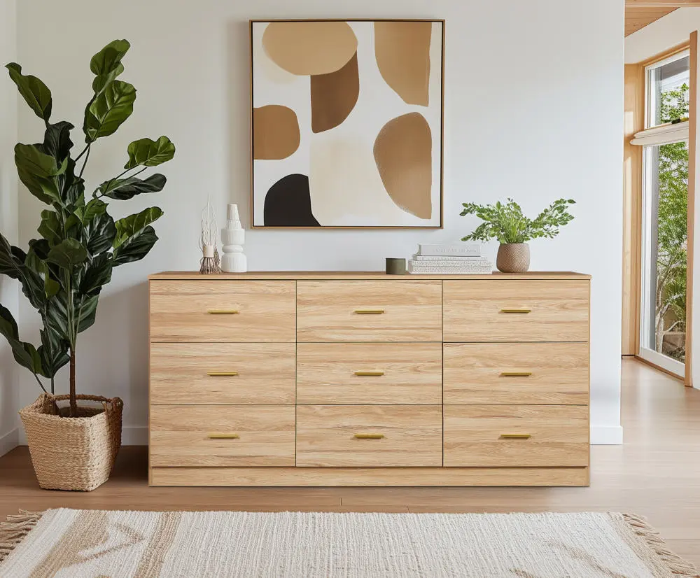 Modern Natural 9 Drawer Dresser Bedroom Large Storage Wide Chest rnb