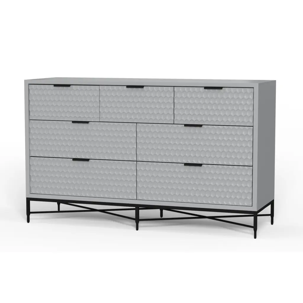 Rexi 56 Inch 7 Drawer Gown Dresser Honeycomb Mahogany Wood Light Gray royal hampton