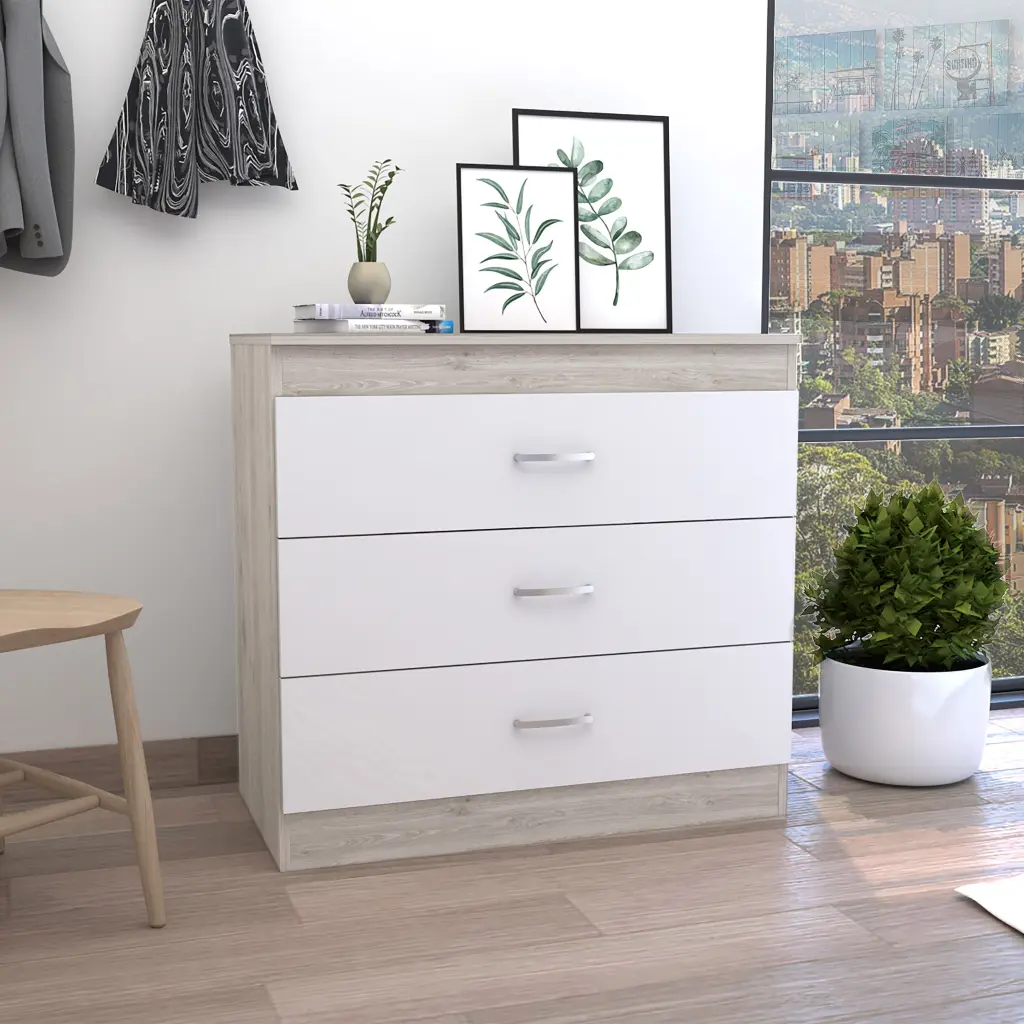 Dresser 29 Inches High Three Drawers Metallic Hardware Light Gray Modern Chest rta mubles colombia