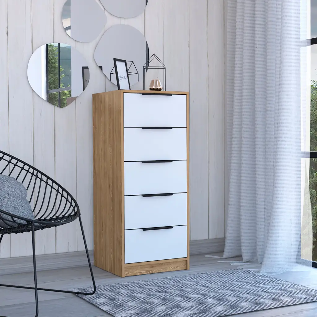 5 Drawer Gown Dresser Metal Handles White Pine Finish treevol furniture