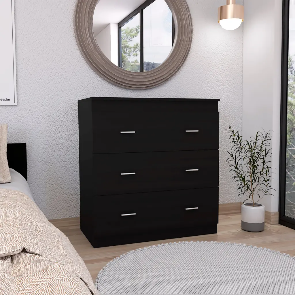 Three Drawer Dresser Litress Metal Handles Black Wengue Finish Bedroom Chest treevol furniture