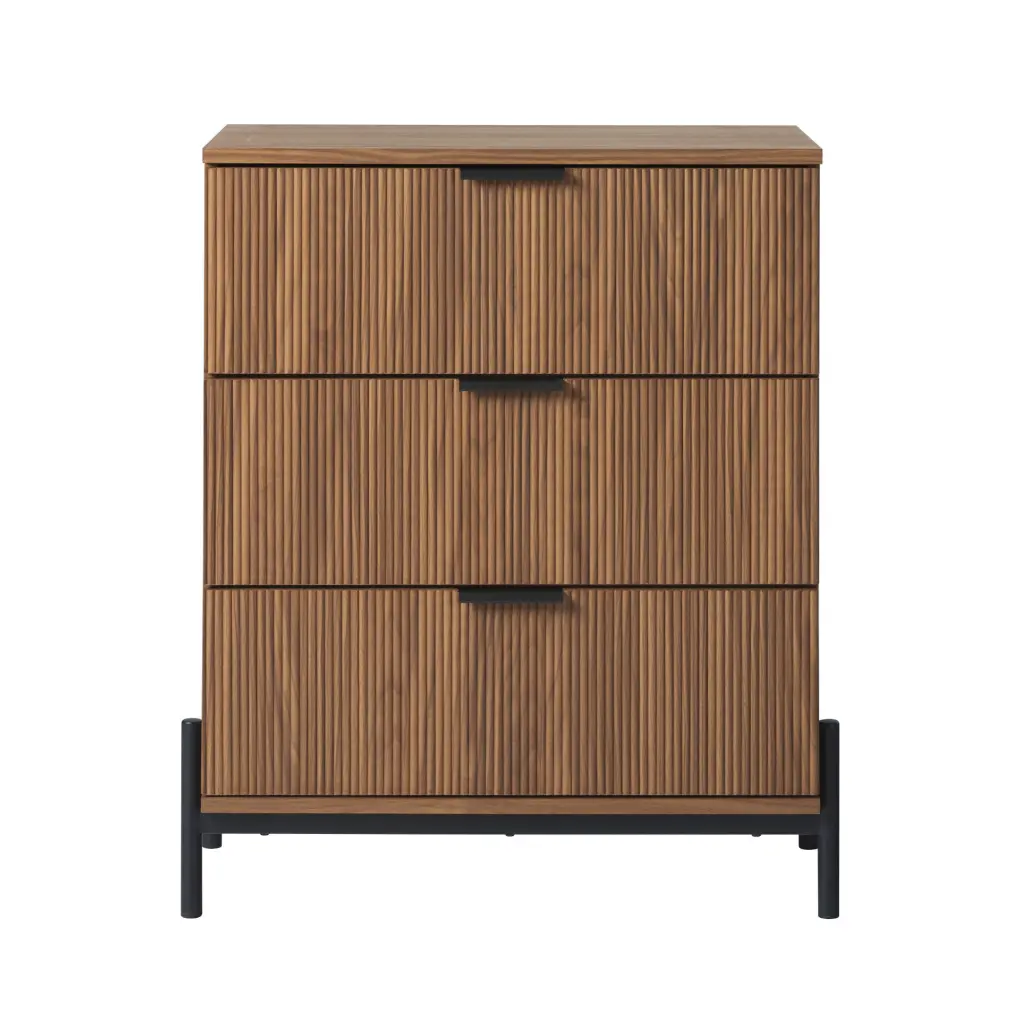Mid Century 3 Drawer Chest Reeded Drawer Fronts Mocha walker edison