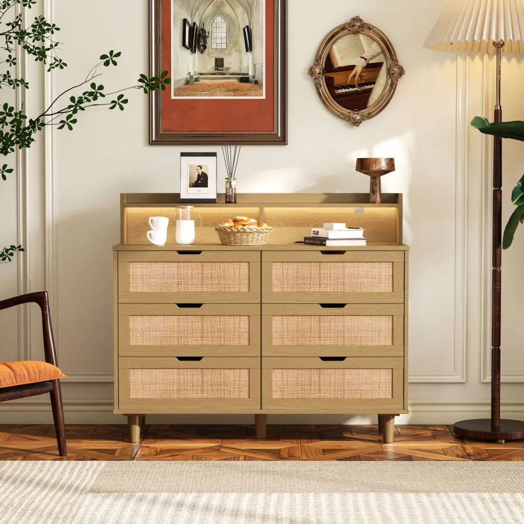 43.31 Inch 6 Drawers Rattan Storage Cabinet LED Lights spribung