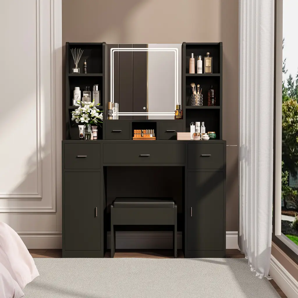 Black Dressing Table LED Mirror and Hair Dryer Holder zr furniture