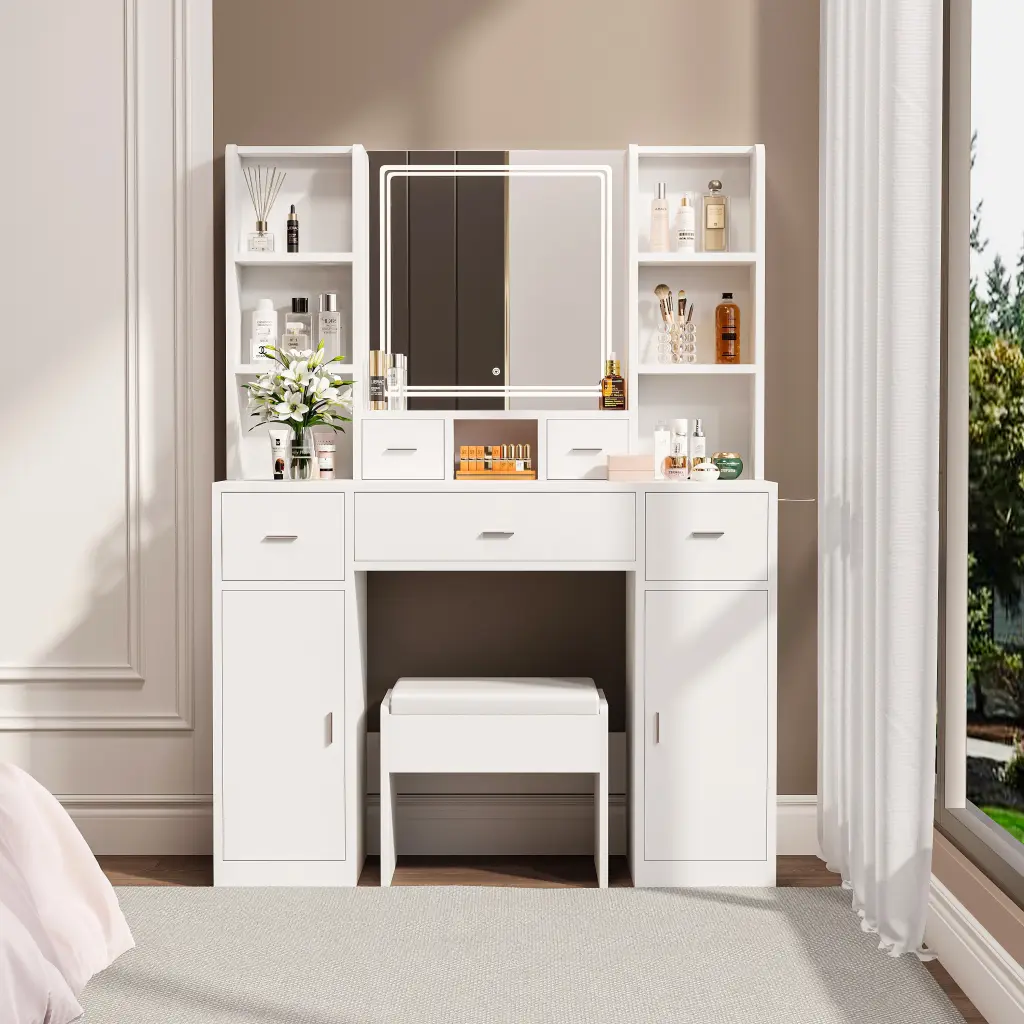 White Vanity LED Mirror Hair Dryer Rack and Makeup Organizer zr furniture
