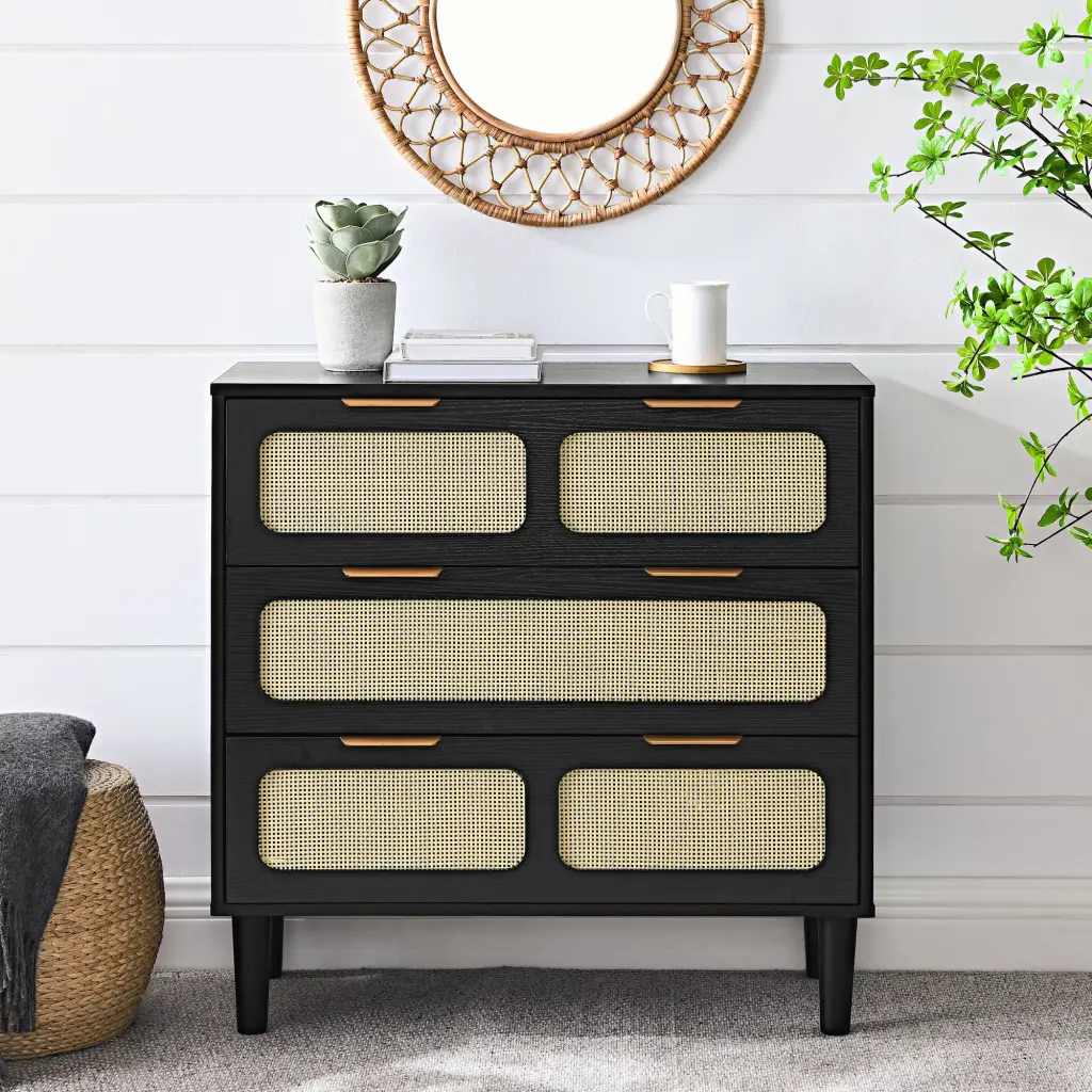 3 Drawer Dresser Modern Rattan Dresser Cabinet Wide Drawers Bedroom Storage chuangyuan wood industry