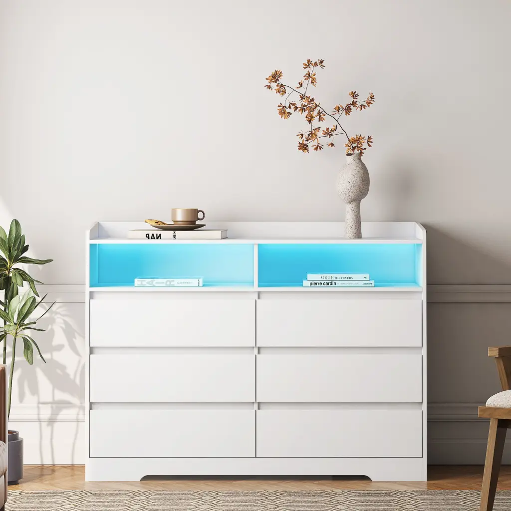 6 Drawer Dresser White Modern Bedroom Dresser LED Lights Wood Storage Cabinet dasenwood