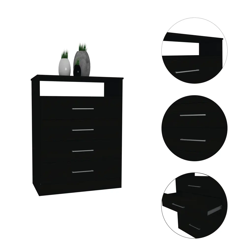 Cassville 4 Drawer 1 Shelf Gown Black Wengue Black Particle Board Dresser furniture max