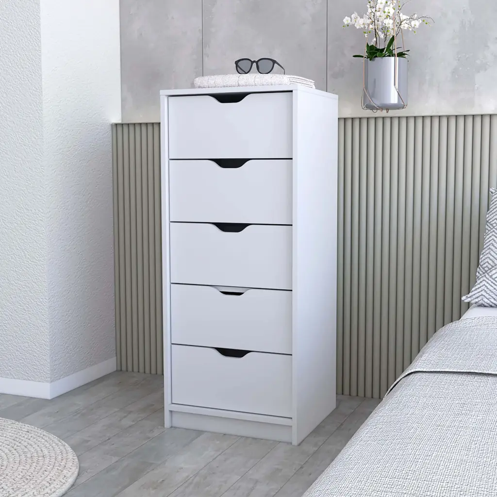 Logan White 5 Narrow Drawer Gown Dresser Bedroom, White Wood Finish furniture max