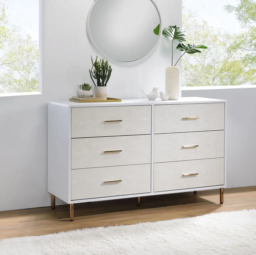 White and Champagne 6 Drawer Gown White Gold Bedroom Dresser Wood Metal furniture max