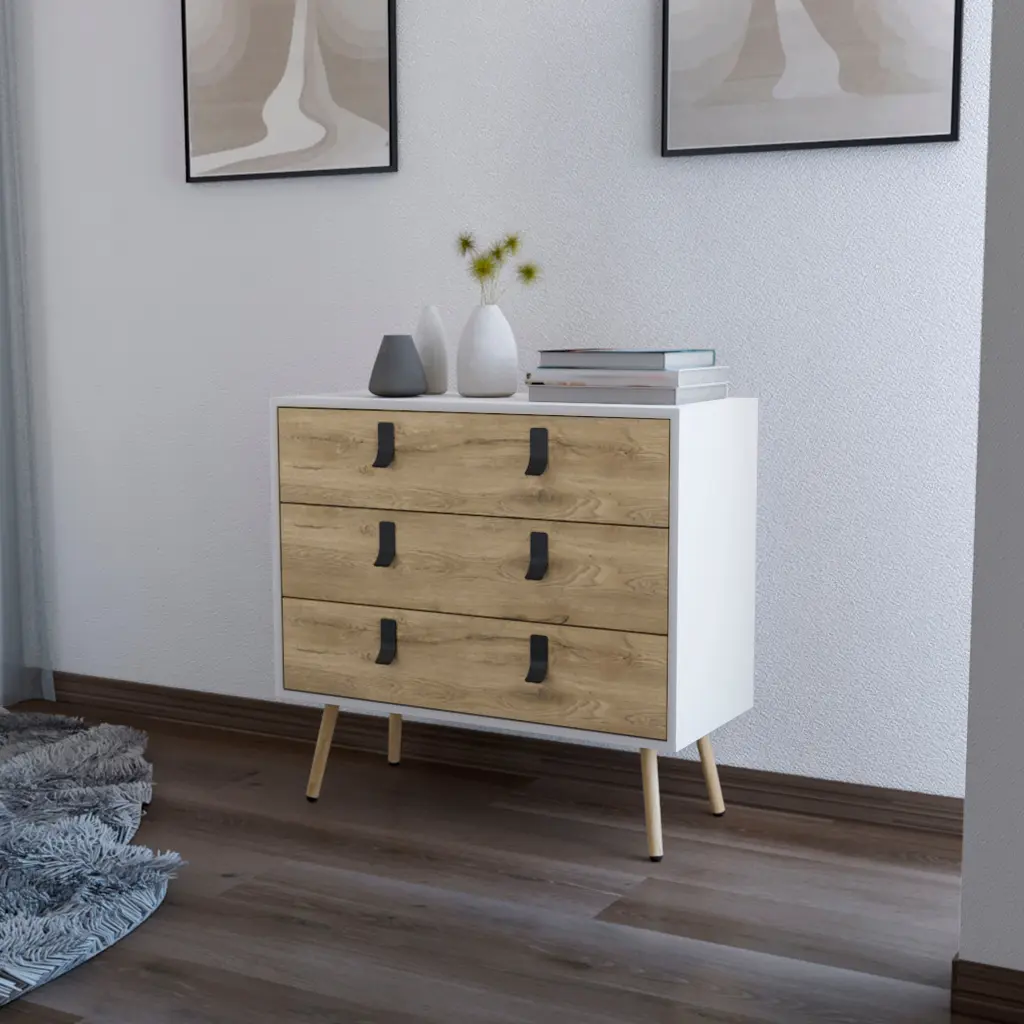 White and Macadamia 3 Drawer Wooden Dresser - Natural Bedroom Storage Furniture furniture max