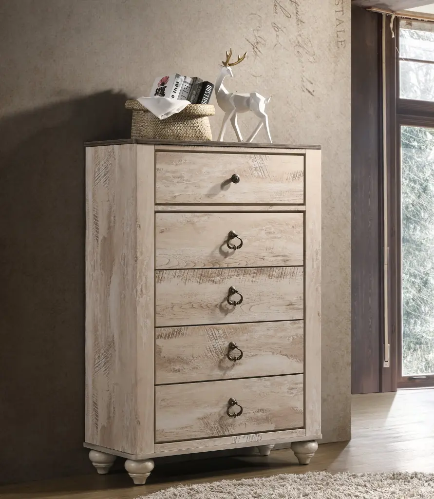 Imerland Contemporary 5 Drawer Chest White Wash Finish hz