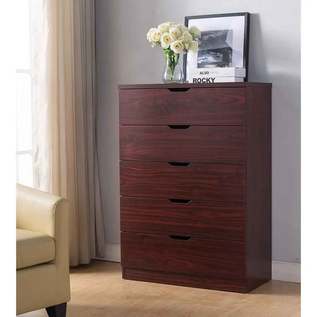 5 Drawer Bedroom Dresser Home Chest Cabinet Cut Out Handles Mahogany Finish id international- inc.