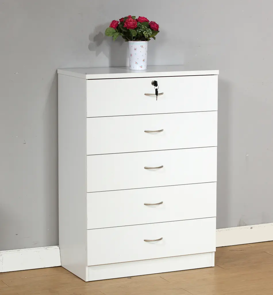 Five Drawer Chest Metallic Handles Locking Top Drawer and Metallic Glide Rails id international- inc.