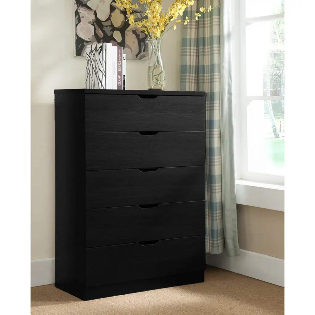 Modern Black Five Drawer Clothes and Storage Chest Cabinet Metallic Handles id international- inc.