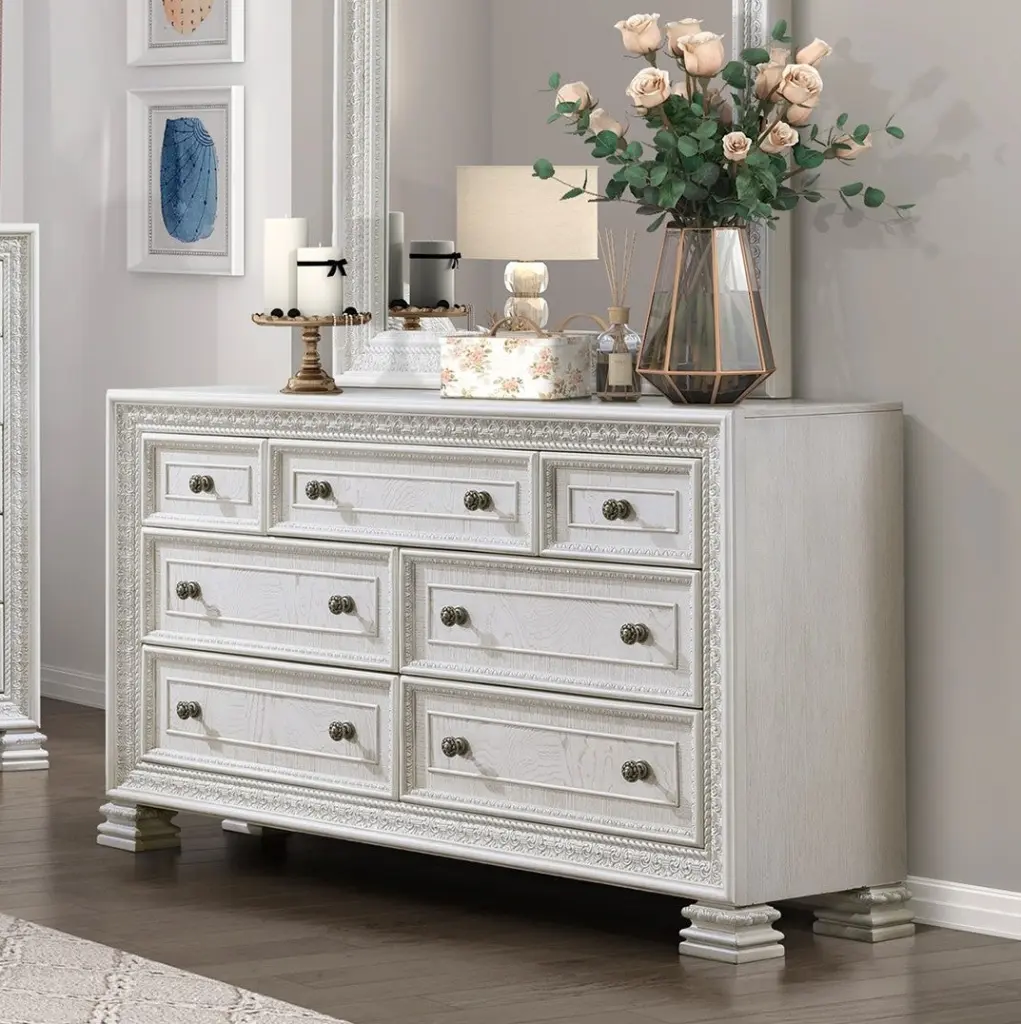 Classic Premium Pearl White Finish Dresser 7 Drawers Timber Bedroom Furniture kanepe