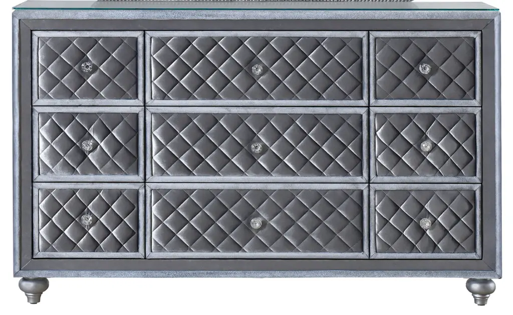 Glam 9 Drawer Dresser Tempered Glass Top Velvet Tufted Front kanepe