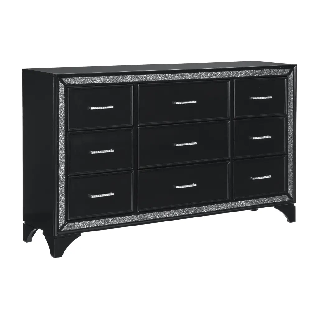 Pearl Black Metallic Finish Dresser 9 Drawers and Shiny Metal Glitter Trim kanepe
