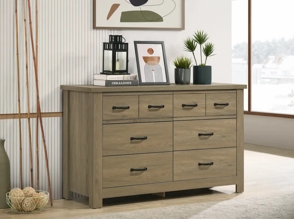 Finn 51 Inch Coffee Gray Oak Finish Dresser 6 Drawers and Black Handles lilola home