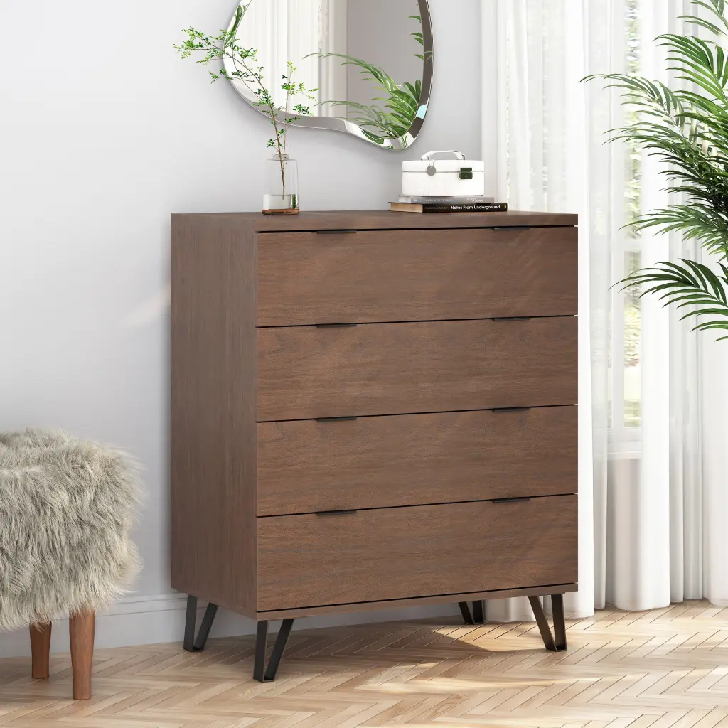 4 Drawer Wide Chest Walnut MDF Storage Cabinet Dresser nh-sunfay