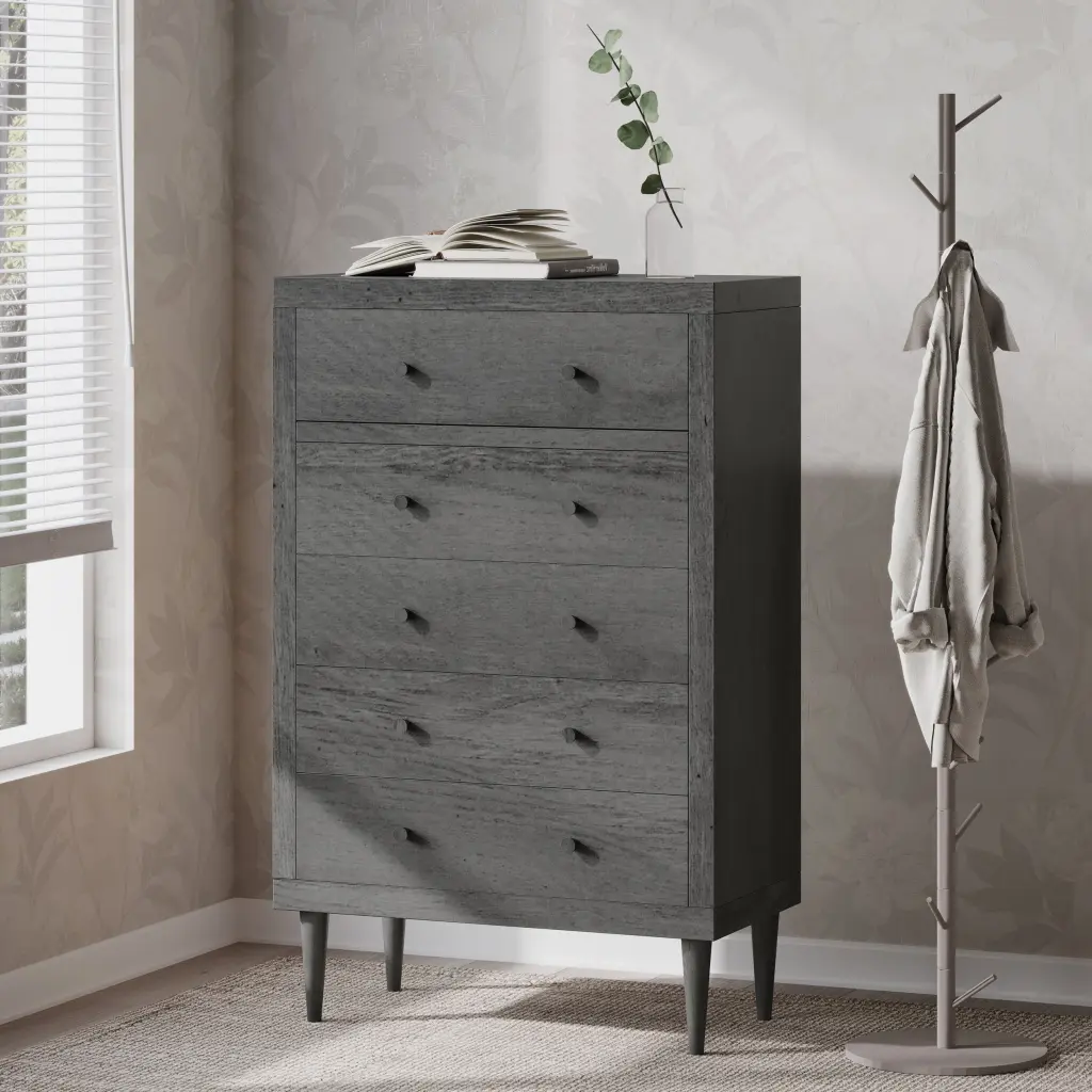 Nordic 5 Drawer Chest Grey MDF Modern Bedroom Dresser Storage Solution nh-sunfay