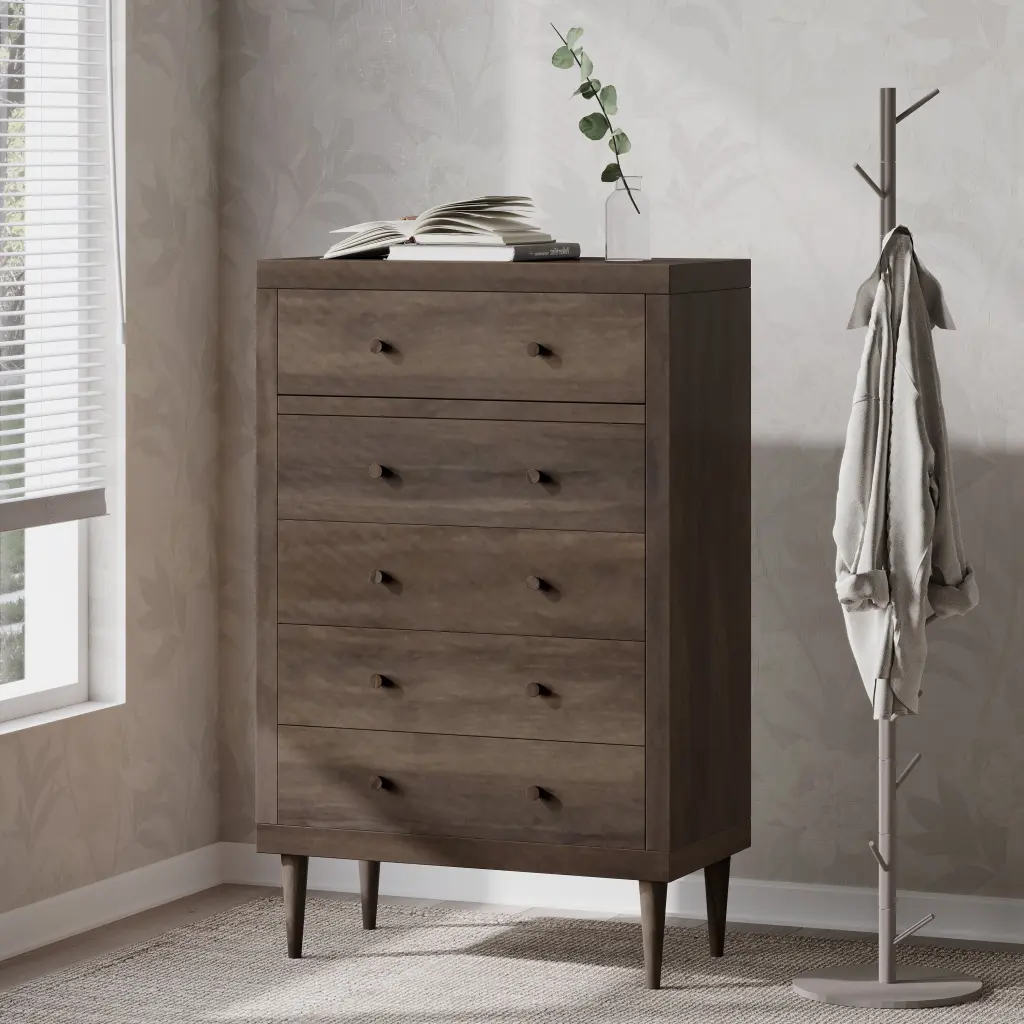 Nordic 5 Drawer Chest Walnut Mdf Storage Dresser Bedroom nh-sunfay
