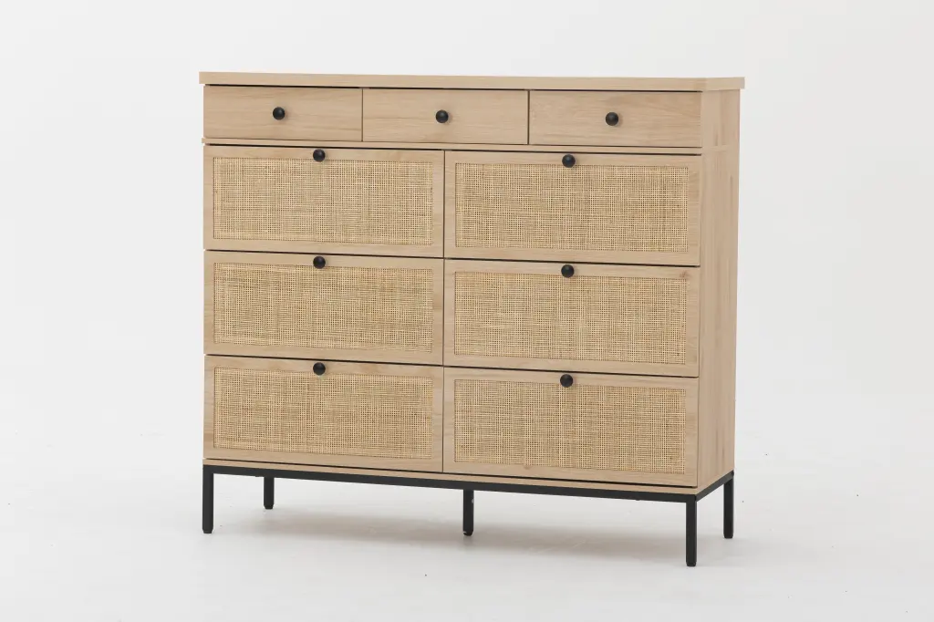 Rattan 9 Drawer Dresser Bedroom 60 Inch Wide Rustic Wood Dresser Storage Furniture qhome