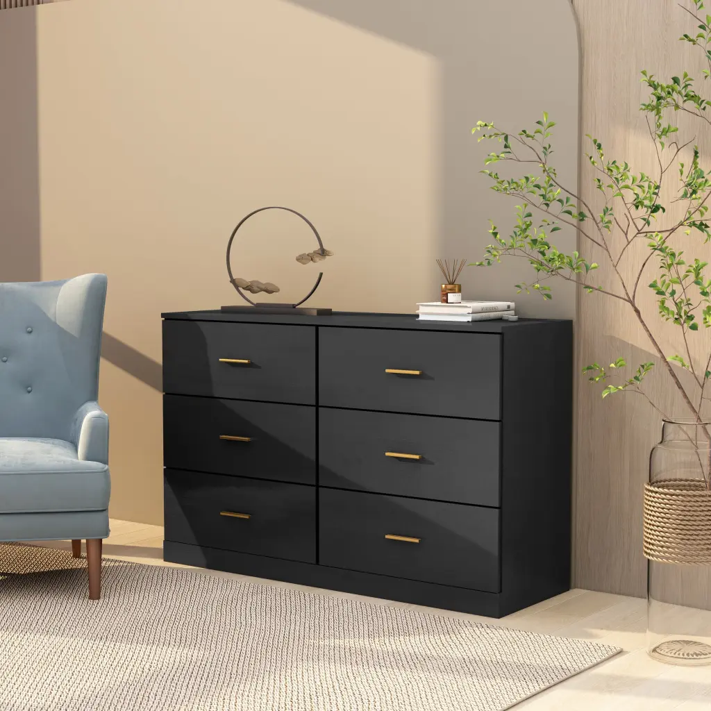 Modern Black 6 Drawer Dresser Bedroom Large Storage Wide Chest rnb