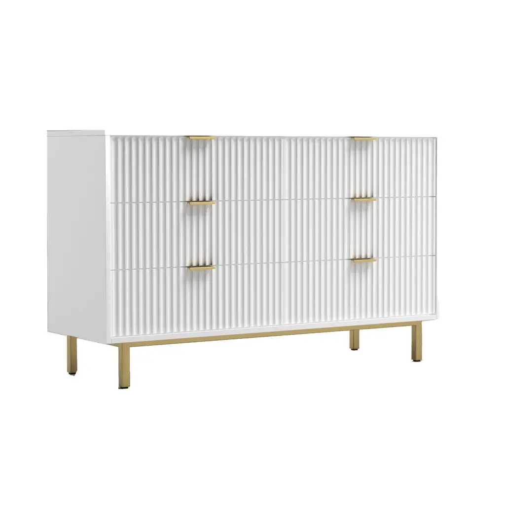Beth 56 Inch 6 Drawer Dresser Corrugated Panels White Mahogany Wood royal hampton