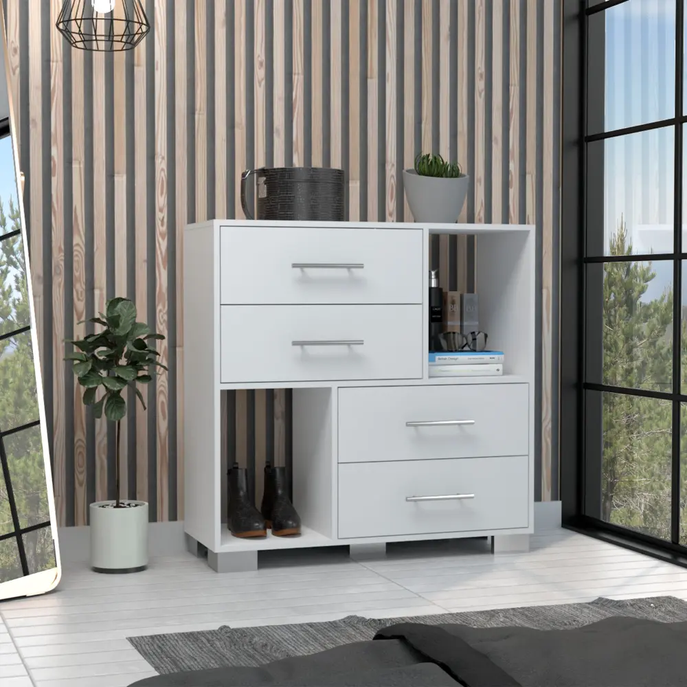 Gown Er 35"H Two Open Shelves, Four Drawers, Metal Handles, White - Modern Dresser rta mubles colombia