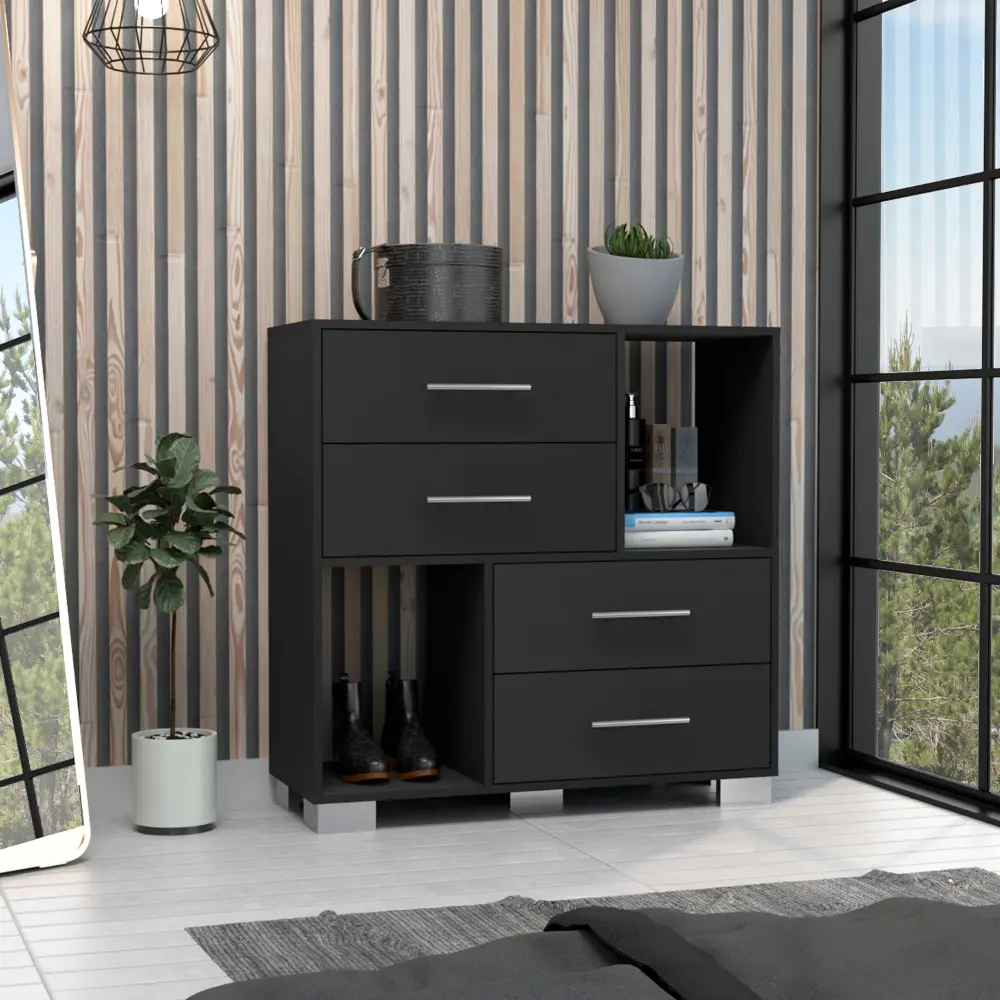 Gowner 35H Two Open Shelves Four Drawers Metal Handles Black rta mubles colombia