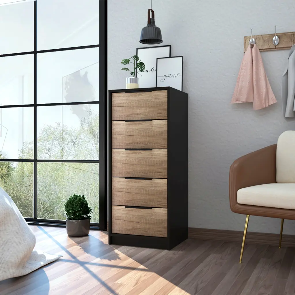 Kaia 5 Drawer Dresser Vertical Dresser Black Pine Multicolor Particle Board rta muebles colombia