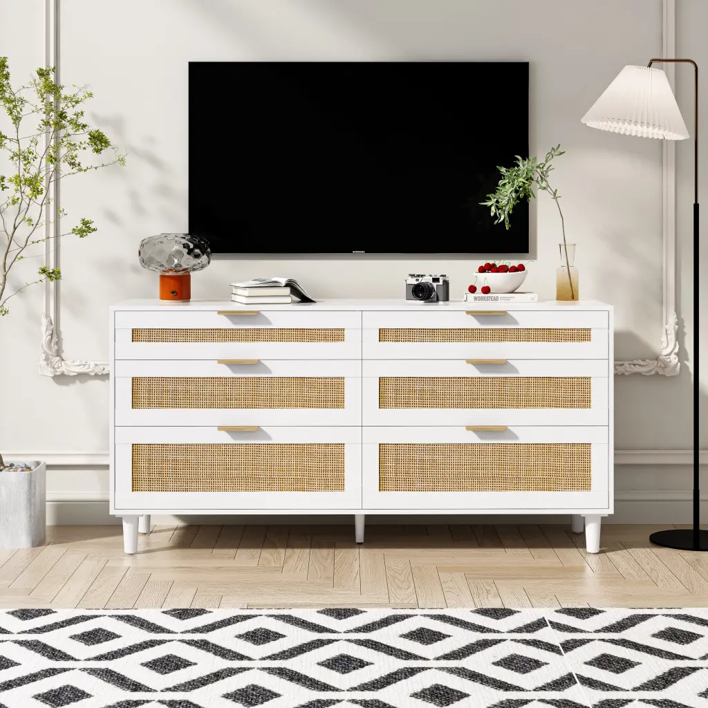 59 Inch Rattan Dresser 6 Drawers Bedroom Clothes Storage spribung