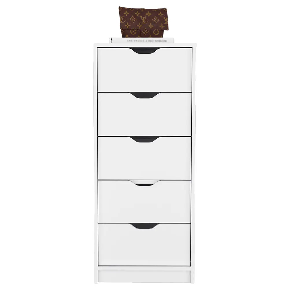 Kamran Five Drawer Narrow Dresser - White Particle Board Finish treevol furniture