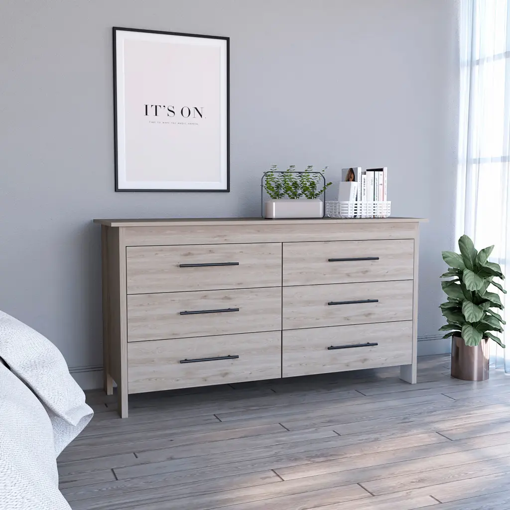 HMS 6 Drawer Double Dresser Four Legs High Quality Top Light Wood Dresser tuhome