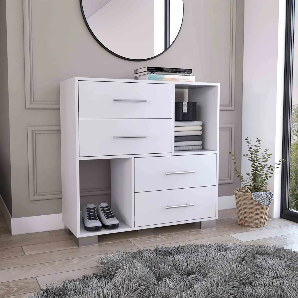 Krista Gown Dresser Two Open Shelves Four Drawers White Bedroom Modern tuhome